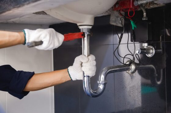 plumber providing repair to under sink pipe plumber providing repair to under sink pipe